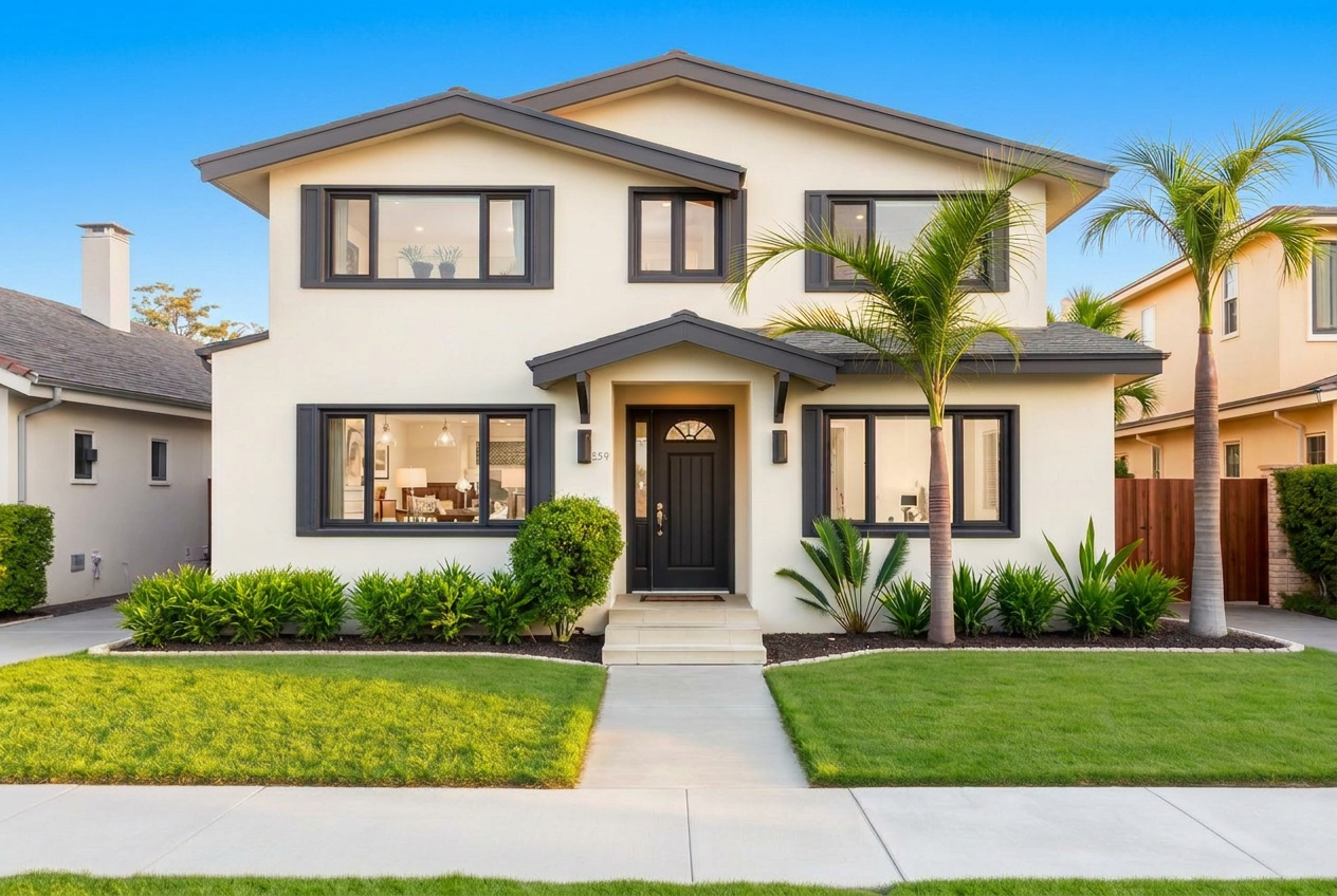 A modern Southern California home with a refined exterior, energy-efficient windows, and heat-reflective roofing.