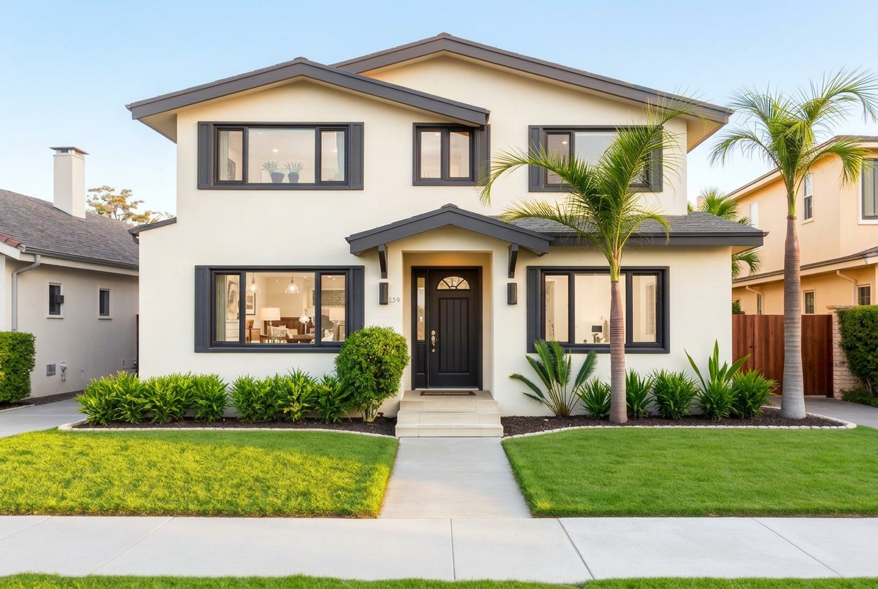 A modern Southern California home with a refined exterior, energy-efficient windows, and heat-reflective roofing.